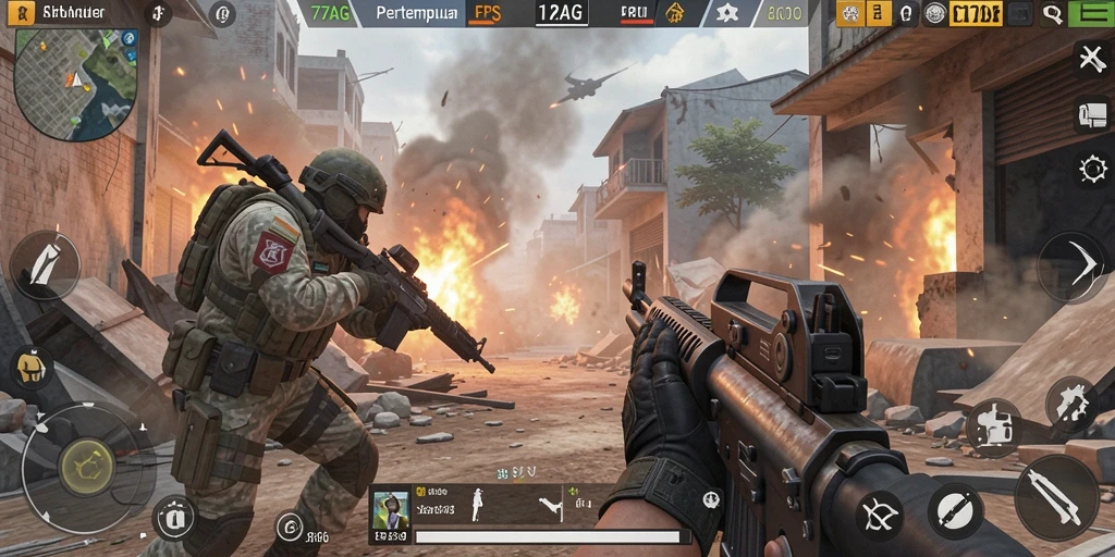 Screenshot gameplay 77AG dengan aksi pertempuran FPS yang realistis.