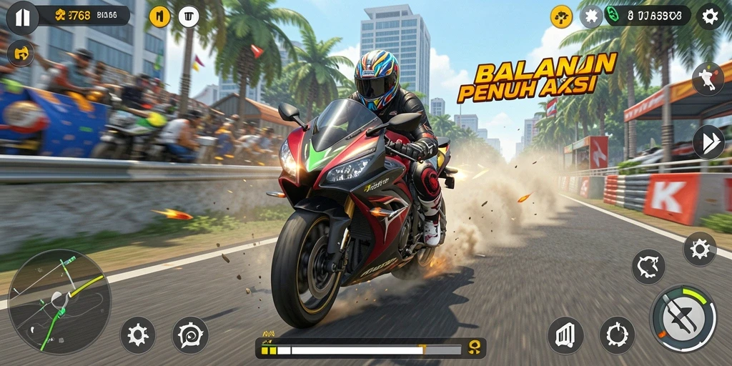 Gameplay mendebarkan dalam balapan motor yang intens.
