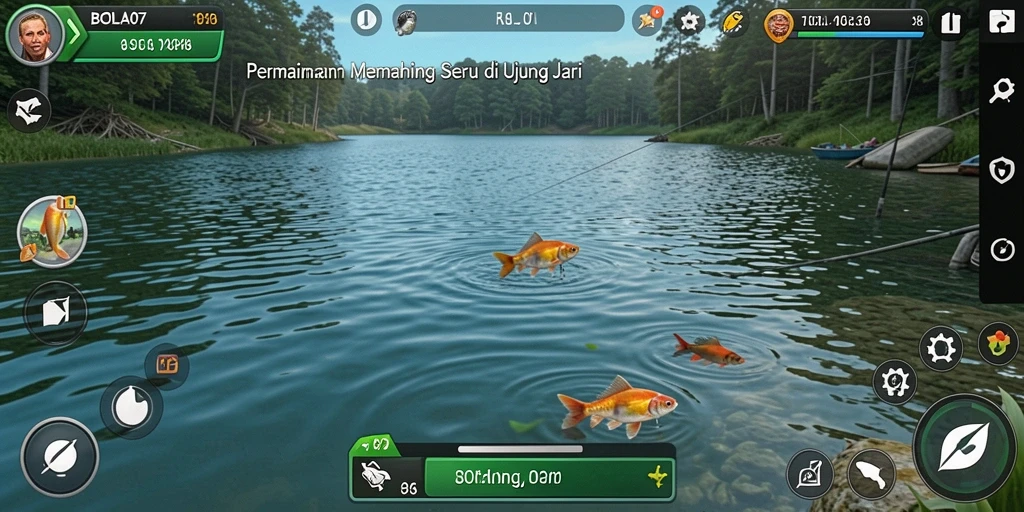 Screenshot BOLA07 menampilkan pemain sedang memancing di danau indah.