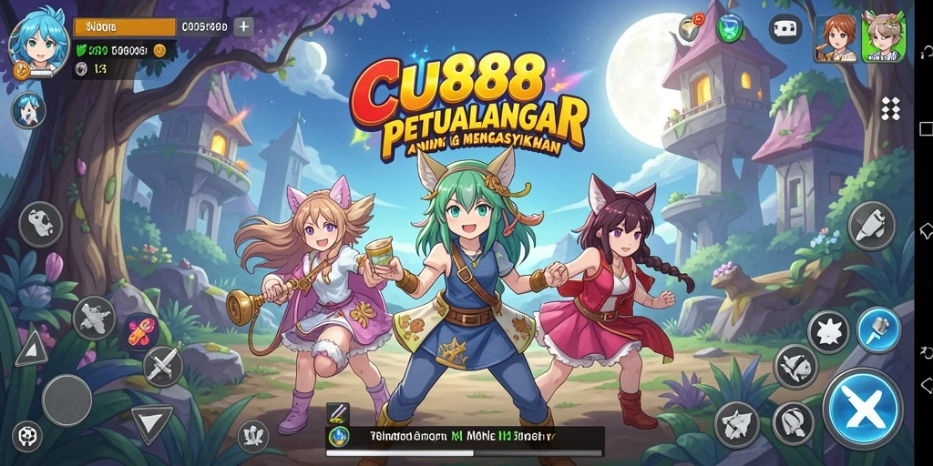 Tampilan gameplay CU888 yang menampilkan karakter anime dan aksi seru.