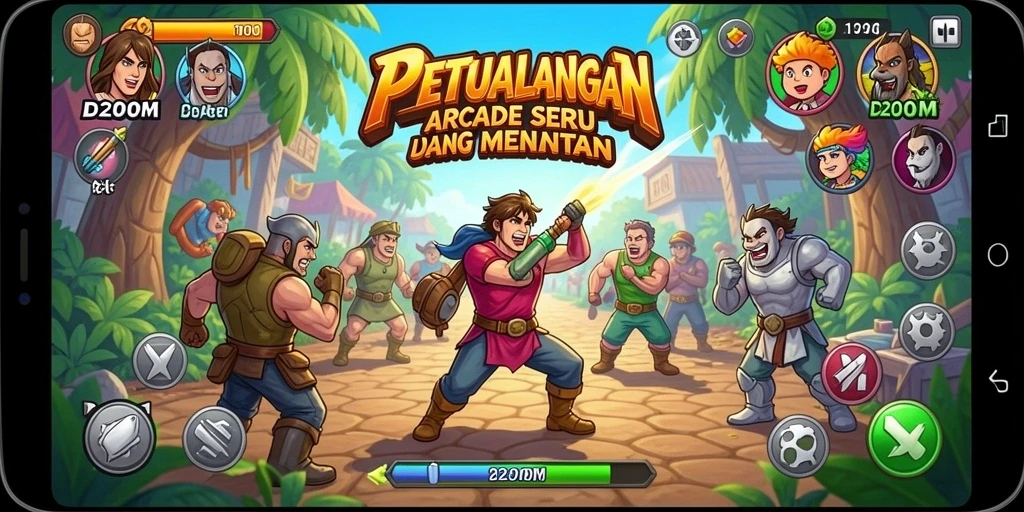 Tangkapan layar D200M menampilkan aksi seru dalam gameplay arcade yang menyenangkan.