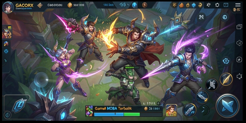 Screenshot gameplay GACORX menunjukkan aksi seru dalam pertempuran MOBA.