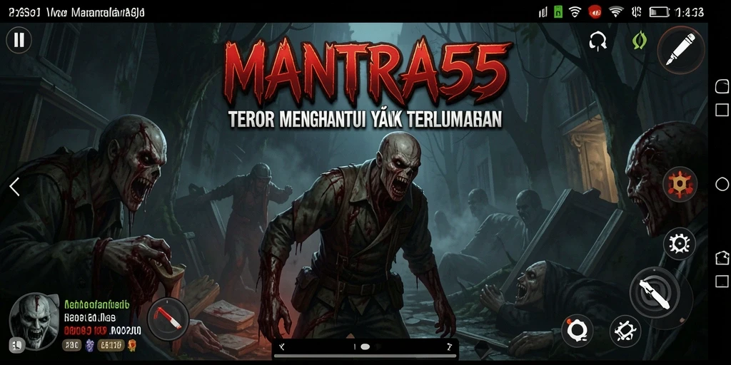 Tampilan gameplay menegangkan di <strong>MANTRA55</strong> yang memukau dan menakutkan.