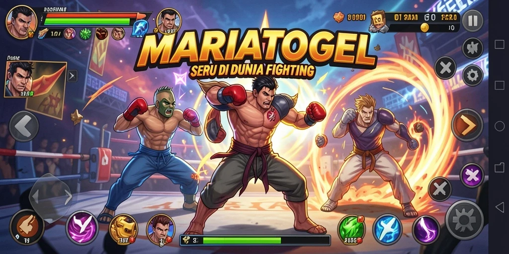 Tampilan gameplay MARIATOGEL dengan pertarungan yang intens dan karakter unik.