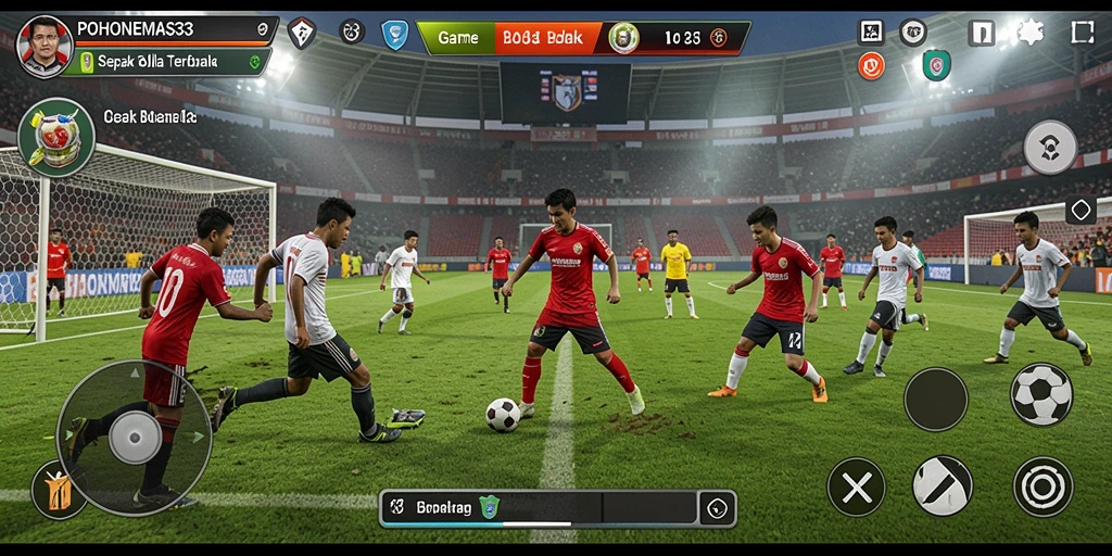 Screenshot gameplay menampilkan aksi seru pertandingan sepak bola.
