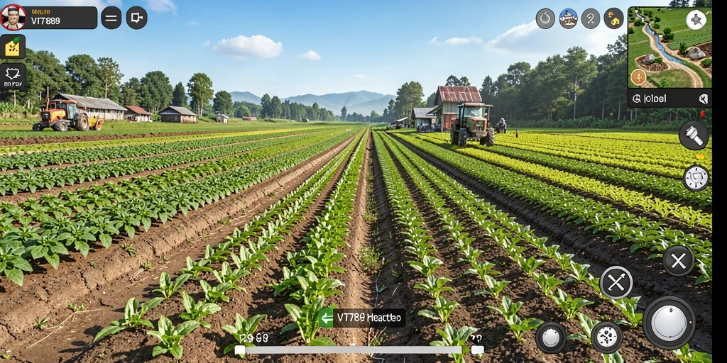 Tampilan gameplay <strong>VT789</strong> dengan ladang dan hewan ternak yang hidup.