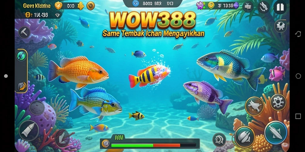 Screenshot menampilkan aksi seru dalam game Tembak Ikan WOW388.